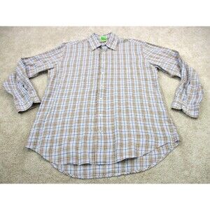 Peter Millar Shirt Adult Large Blue Brown Plaid Button Up Linen Cotton Mens